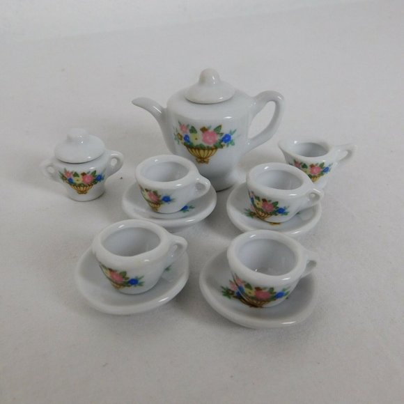 Unbranded Other - Porcelain 13 Piece Mini Miniature White w/Flower Basket Tea Set Teapot Dolls